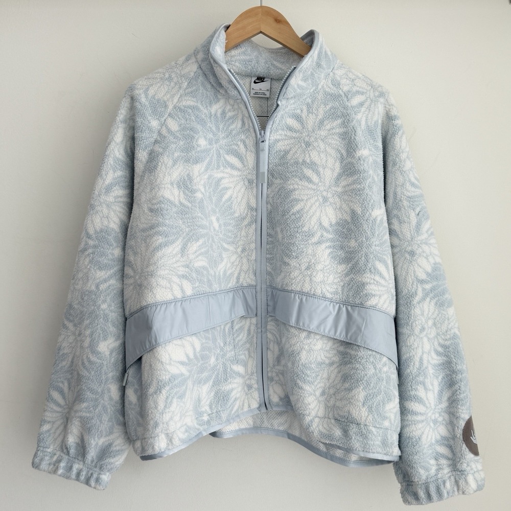 Nike Jacket Womens XL Blue White Floral Fleece Sherpa Plush Full Zip Outdoor